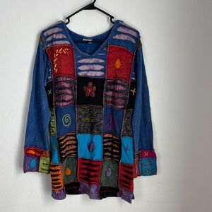 NWT India Boutique Patchwork Art Embroidered Tunic Top Long Sleeve Boho Shirt OS